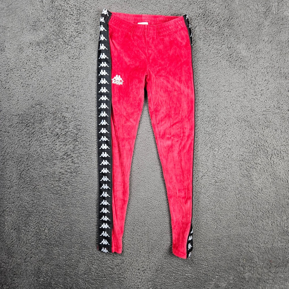 Kappa Womens Red Velour Logo Tape Leggings Track Pants XS Slim Fit Sporty